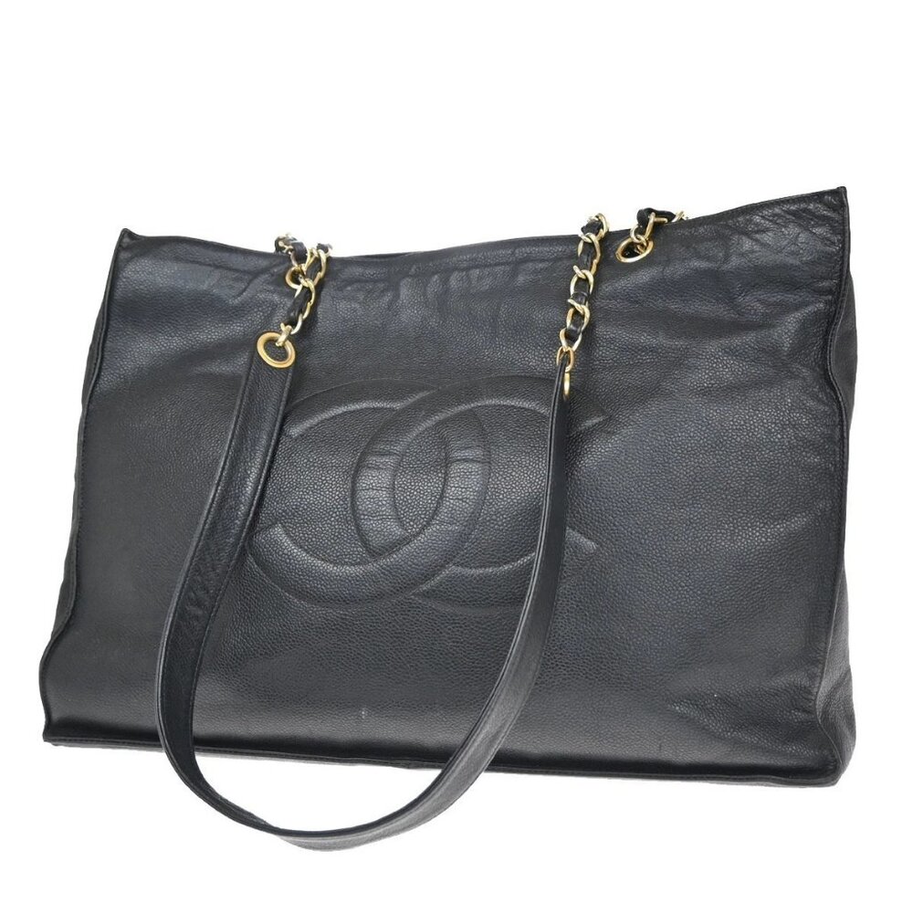 CHANEL CC Logo Chain Shoulder Tote Bag Grained Calfskin Leather Black 606RF448